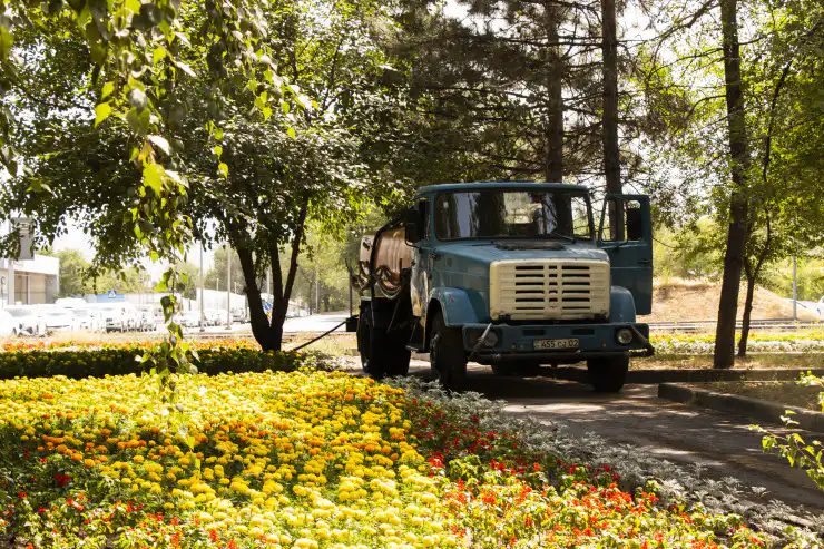 У входа в рощу Баума поливают цветы. Фото: ©️ Никита Данилин